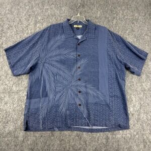 Tommy Bahama Y2K Silk Camp Shirt XXL Blue Hawaiian Palm Tree Loop Collar  *